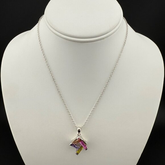 Silver-Tone Necklace With Multicolor Geometric Pendant Adjustable Chain Unique D - Picture 2 of 4